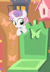 Size: 209x297 | Tagged: safe, screencap, sweetie belle, pony, unicorn, g4, season 1, stare master, animated, behaving like a cat, chair, cropped, cute, daaaaaaaaaaaw, diasweetes, female, filly, kitty belle, smiling, solo