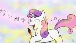 Size: 1600x900 | Tagged: safe, artist:tato-11, sweetie belle, pony, unicorn, g4, eyes closed, female, filly, microphone, music notes, open mouth, singing