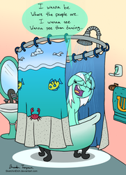 Size: 1280x1771 | Tagged: safe, artist:sketchinetch, lyra heartstrings, pony, sea pony, unicorn, g4, bathtub, claw foot bathtub, dialogue, disney, female, human lovers, lyriel, mirror, parody, part of your world, shower, singing, singing in the shower, solo, the little mermaid, towel, wet mane