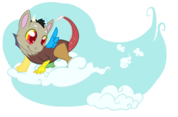 Size: 1000x656 | Tagged: dead source, safe, artist:imp-oster, discord, draconequus, g4, baby discord, cloud, cute, discute, on a cloud, solo, standing on a cloud, young