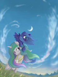 Size: 823x1100 | Tagged: safe, artist:onkelscrut, princess celestia, princess luna, alicorn, pony, g4, amazed, crescent moon, duo, evening, female, filly, grass, luna riding celestia, moon, mountain, open mouth, outdoors, ponies riding ponies, pony hat, raised hoof, riding, royal sisters, s1 luna, siblings, sisters, sky, smiling, spread wings, steppe, vertigo, windswept mane, wings, woona