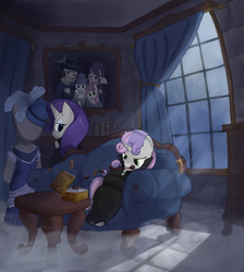 Size: 1056x1178 | Tagged: safe, artist:bakuel, cookie crumbles, hondo flanks, rarity, sweetie belle, pony, unicorn, vampire, g4, bipedal, book, box of chocolates, candy, clothes, couch, crepuscular rays, drapes, dress, dresser, family photo, female, hat, immortality blues, interior, magic, mannequin, raribat, ship:cookieflanks, table, telekinesis