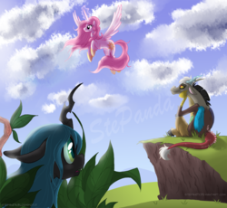 Size: 1200x1102 | Tagged: safe, artist:stepandy, discord, princess celestia, queen chrysalis, changeling, changeling queen, g4, female, love triangle, male, scenery, ship:discolis, ship:dislestia, shipping, straight