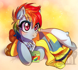 Size: 1500x1350 | Tagged: safe, artist:tartii, rainbow dash, pegasus, pony, g4, apple juice, blanket, chest fluff, cute, dashabetes, drinking straw, filly, juice, juice box, pillow, plushie, teddy bear, younger, zap apple