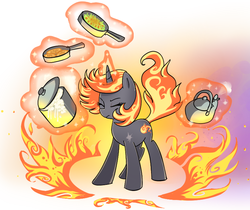 Size: 776x651 | Tagged: safe, artist:madmax, oc, oc only, oc:incendia, pony, unicorn, fanfic:antipodes, cooking, cropped, fanfic, fire, solo