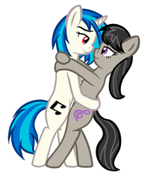 Size: 501x591 | Tagged: safe, artist:fearingfun, dj pon-3, octavia melody, vinyl scratch, earth pony, pony, unicorn, g4, dancing, female, hug, lesbian, ship:scratchtavia, shipping, simple background, white background