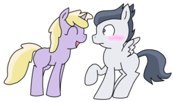 Size: 874x515 | Tagged: safe, artist:raincupcake, dinky hooves, rumble, pegasus, pony, unicorn, g4, blushing, colt, female, filly, foal, horn, male, rumbledink, shipping, simple background, straight, transparent background