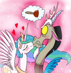 Size: 870x900 | Tagged: safe, artist:mickeymonster, discord, princess celestia, alicorn, draconequus, pony, g4, blushing, duo, eyes closed, female, forced kiss, frown, glare, heart, kiss on the lips, kissing, lip bite, male, mare, one sided shipping, plunger, ship:dislestia, shipping, smiling, sparkles, spread wings, starboarding, straight, thought bubble, wide eyes