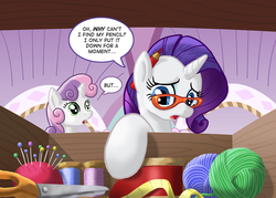 Size: 1400x1000 | Tagged: safe, artist:muffinshire, rarity, sweetie belle, g4, glasses, measuring tape, pencil, pincushion, rarity's glasses, scissors, thread, yarn, yarn ball