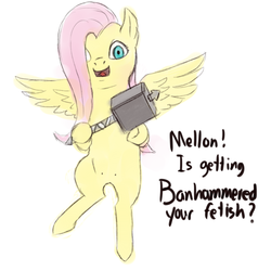 Size: 1080x1080 | Tagged: safe, artist:ratchieftain, fluttershy, pegasus, pony, g4, banhammer, crotchboobs, delicious flat crotch, duo, female, flutterrape, nipples, nudity, simple background, teats, white background, yandere