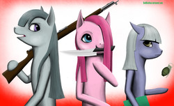 Size: 1757x1066 | Tagged: safe, artist:ratchieftain, limestone pie, marble pie, pinkie pie, g4, grenade, gun, knife, pie sisters, pinkamena diane pie, rifle, trio