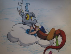 Size: 772x579 | Tagged: safe, artist:matugi, discord, g4, cloud, cloudy, traditional art