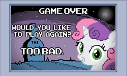 Size: 1203x715 | Tagged: safe, artist:hotdiggedydemon, sweetie belle, pony, robot, robot pony, unicorn, .mov, g4, bust, female, filly, foal, game over, horn, pixel art, portrait, solo, sweetie bot, text, wolfpuncher 2, youtube link