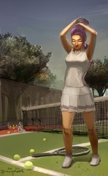 Size: 580x939 | Tagged: safe, artist:ponyrake, rarity, human, g4, clothes, female, humanized, jewelry, necklace, skirt, solo, tank top, tennis, tennis ball, tennis racket, tree