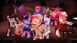 Size: 1280x720 | Tagged: safe, artist:alfa995, applejack, fluttershy, octavia melody, pinkie pie, rainbow dash, rarity, twilight sparkle, earth pony, pegasus, pony, unicorn, g4, band, bipedal, bow (instrument), cello, cello bow, clothes, concert, dress, drums, eyes closed, jazz, mane six, microphone, musical instrument, orchestra, piano, saxophone, trombone, trumpet