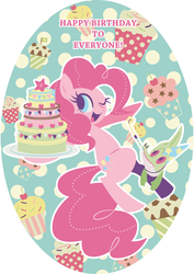 Size: 595x842 | Tagged: dead source, safe, artist:yousukou, gummy, pinkie pie, alligator, earth pony, pony, g4, birthday, cake, cupcake, cute, diapinkes, duo, food, happy, no catchlights, one eye closed, party horn, pixiv, wink