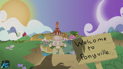 Size: 1920x1080 | Tagged: safe, artist:tealdragon44, g4, crescent moon, moon, no pony, offscreen character, ponyville, ponyville town hall, road sign, shadow, split sky, sun