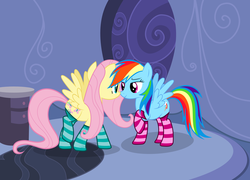Size: 3000x2164 | Tagged: safe, artist:alexiy777, fluttershy, rainbow dash, pegasus, pony, g4, clothes, female, high res, lesbian, mare, ship:flutterdash, shipping, socks, spread wings, striped socks, wings