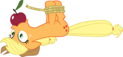 Size: 5383x2523 | Tagged: safe, artist:oelderoth, applejack, earth pony, pony, boast busters, g4, apple, apple gag, female, floppy ears, food, gag, obligatory apple, on back, rope, simple background, solo, tied up, transparent background, vector