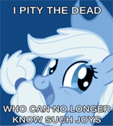 Size: 477x531 | Tagged: safe, applejack, earth pony, pony, g4, blue, female, good end, happy, i pity the dead who can no longer know such joys, image macro, mare, meme, only the dead can know peace from this evil, open mouth, open smile, reaction image, smiling, solo, subversion, subverted meme, text