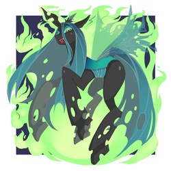 Size: 1000x1000 | Tagged: safe, artist:dobroch, queen chrysalis, changeling, changeling queen, g4, crown, fangs, female, fire, flying, glowing horn, horn, jewelry, looking at you, open mouth, pixiv, regalia, smiling, solo, wings