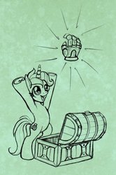 Size: 331x500 | Tagged: safe, artist:stellarina, lyra heartstrings, pony, unicorn, g4, abstract background, bipedal, chest, clothes, crossover, female, gauntlet, gloves, hand, item get, lineart, monochrome, power glove, smiling, solo, that pony sure does love hands, the legend of zelda