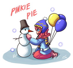 Size: 1450x1350 | Tagged: safe, artist:ninjaham, pinkie pie, human, g4, balloon, clothes, female, humanized, snow, snowman, solo, winter