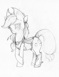 Size: 627x817 | Tagged: safe, artist:longinius, applejack, earth pony, pony, g4, boots, clothes, crossed hooves, female, grayscale, monochrome, sketch, solo, spurs, traditional art