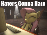Size: 200x152 | Tagged: artist needed, safe, fluttershy, pony, g4, 3d, animated, chair, computer, cute, eyes closed, female, gif for breezies, haters gonna hate, mare, meme, picture for breezies, shyabetes, smiling, solo, source filmmaker
