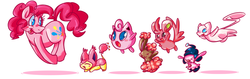 Size: 1280x403 | Tagged: safe, artist:kittyarts, pinkie pie, buneary, jigglypuff, mew, mime jr., minccino, skitty, g4, crossover, pink, pokémon, shiny pokémon