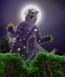 Size: 1700x2028 | Tagged: safe, artist:virus-91, bear, ursa, ursa major, g4, artifact, female, forest, low angle, moon, mountain, open mouth, paw pads, solo