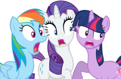Size: 900x586 | Tagged: safe, artist:bl1ghtmare, rainbow dash, rarity, twilight sparkle, pegasus, pony, unicorn, dragon quest, bangs, hair over eyes, open mouth, raised hoof, reaction image, shocked, simple background, transparent background, trio, unicorn twilight, uvula, vector, wide eyes