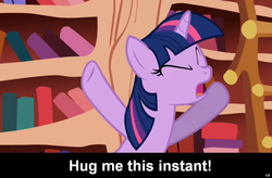 Size: 1024x670 | Tagged: safe, twilight sparkle, pony, unicorn, g4, book, bronybait, caption, cs captions, female, golden oaks library, hug, mare, solo