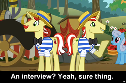 Size: 1024x672 | Tagged: safe, edit, edited screencap, screencap, flam, flim, linky, shoeshine, pony, unicorn, comic:celestia's servant interview, g4, the super speedy cider squeezy 6000, caption, flim flam brothers, interview, male, meta, stallion