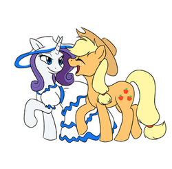 Size: 400x392 | Tagged: safe, artist:calicopikachu, applejack, rarity, earth pony, pony, unicorn, g4, applejack's hat, clothes, cowboy hat, dress, eyes closed, female, hat, laughing, lesbian, mare, open mouth, open smile, puffy sleeves, ship:rarijack, shipping, simple background, smiling, walking, white background