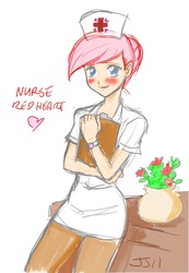 Size: 885x1280 | Tagged: safe, artist:johnjoseco, artist:redge, color edit, edit, nurse redheart, human, g4, blushing, clothes, colored, female, heart, heartabetes, humanized, pantyhose, solo