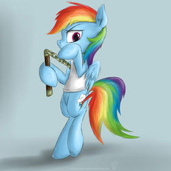 Size: 2500x2500 | Tagged: safe, artist:rule1of1coldfire, rainbow dash, pegasus, pony, g4, bipedal, clothes, female, high res, mare, nunchucks, shirt, signature, simple background, solo, tank top