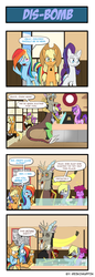 Size: 660x1914 | Tagged: safe, artist:reikomuffin, amethyst star, applejack, berry punch, berryshine, derpy hooves, discord, rainbow dash, rarity, sparkler, draconequus, earth pony, pegasus, pony, unicorn, g4, 4 panel comic, 4koma, bomb, comic, drunk, female, food, mare, meat, ponies eating meat, restaurant, sushi, weapon