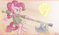 Size: 2000x1208 | Tagged: safe, artist:speccysy, pinkie pie, earth pony, pony, g4, axe, bipedal, crossover, female, solo, tera