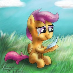 Size: 600x596 | Tagged: safe, artist:xanderreh, scootaloo, g4, crying, feather