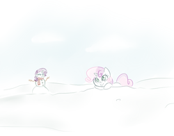 Size: 928x728 | Tagged: safe, artist:jessy, artist:palette-swap, rarity, sweetie belle, g4, sketch, snow, snowman, winter