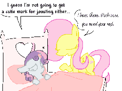 Size: 800x600 | Tagged: safe, artist:weaver, fluttershy, sweetie belle, g4, bandage, bed, dialogue, gif, non-animated gif, simple background, white background