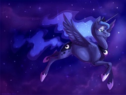 Size: 800x600 | Tagged: safe, artist:kaceymeg, princess luna, alicorn, pony, g4, female, flying, mare, night, sky, smiling, solo