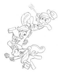 Size: 800x965 | Tagged: safe, artist:thezeo, apple bloom, scootaloo, sweetie belle, g4, cutie mark crusaders, falling, monochrome, the three stooges