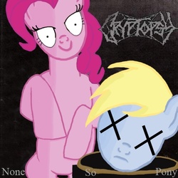 Size: 500x500 | Tagged: artist needed, safe, derpy hooves, pinkie pie, earth pony, pony, g4, abuse, album cover, decapitated, derpybuse, female, mare, severed head, x eyes