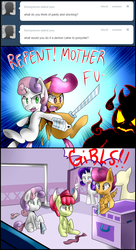 Size: 810x1488 | Tagged: safe, artist:starykrow, apple bloom, rarity, scootaloo, sweetie belle, earth pony, pegasus, pony, unicorn, ask the cmc, g4, blushing, comic, exploitable meme, female, filly, mare, meme, panty and stocking with garterbelt, same voice actor, semi-vulgar, sword, voice actor joke, weapon