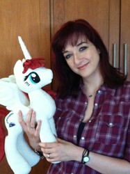 Size: 968x1296 | Tagged: safe, artist:whitedove-creations, oc, oc:fausticorn, human, irl, irl human, lauren faust, photo, plushie, solo