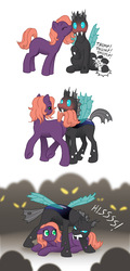 Size: 516x1076 | Tagged: safe, artist:merrypaws, oc, oc only, oc:cotton, oc:greg, changeling, angry, bedroom eyes, behaving like a dog, blushing, changeling x pony, comic, fangs, glowing, glowing eyes, hissing, love, nuzzling, protecting, raised tail, shipping, spread wings, tail, tail wrap, wings
