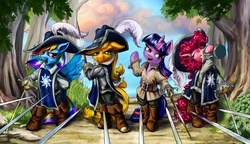 Size: 2000x1150 | Tagged: safe, artist:harwick, applejack, pinkie pie, rainbow dash, twilight sparkle, earth pony, pegasus, pony, unicorn, g4, bipedal, cider, hat, musketeer, rapier, sword, the three musketeers, unicorn twilight