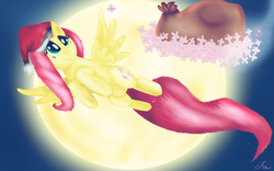 Size: 1478x921 | Tagged: safe, artist:fra-92, fluttershy, butterfly, pegasus, pony, g4, backlighting, christmas, female, flying, full moon, hat, holiday, mare, moon, santa hat, santa sack, smiling, solo, spread wings, swarm, wings